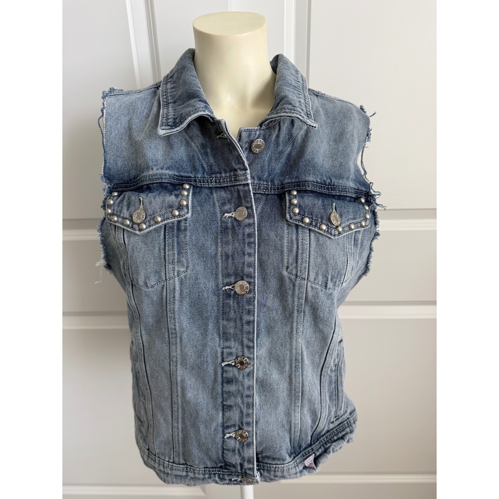 Guess Los Angeles Studded Floral Back Denim Vest Light Wash XL R5GJ21D5MQ0